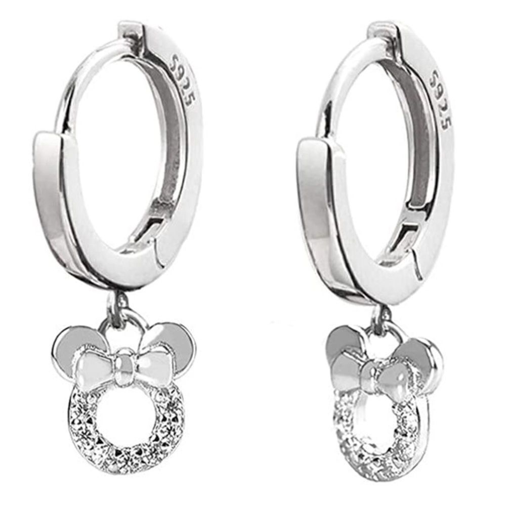 925 Sterling Silver and Diamond Cubic Zircona Minnie Mouse Hoop Huggie Earrings